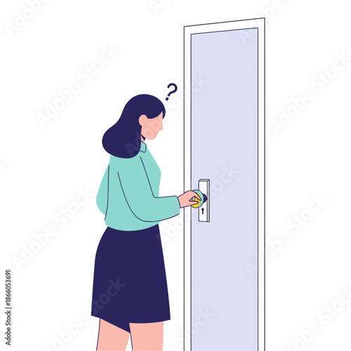 Woman looking confused while unlocking door with a keycard  