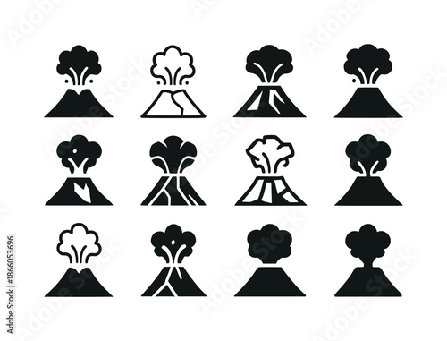 Volcano Icon Variations. Volcanic eruption. Icon set. Set Logo of Volcanic eruption: volcanic crater. harmonious logo variations of the same emblematic