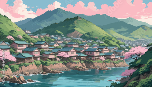 a traditional Japanese coastal village in spring. Hillside houses with blue roofs surrounded by pink cherry blossom trees, calm water, green mountains, and scenic nature background