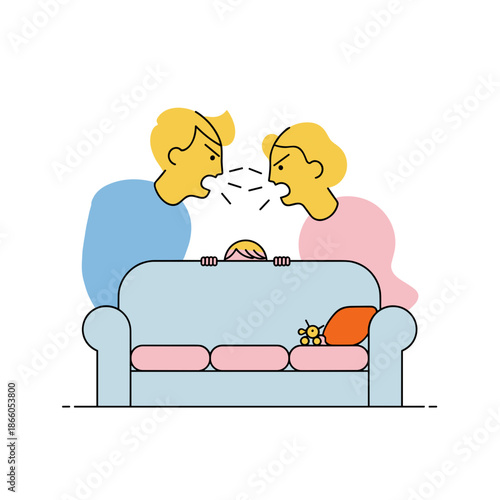 Parents arguing while child hides behind sofa in living room  