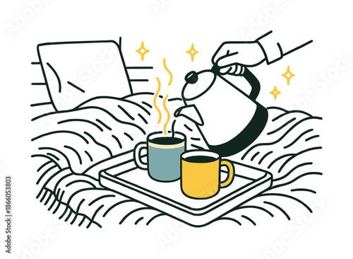Cozy Weekend Mornings. Making tea or coffee ? slow weekend morning. A cozy setup with blankets and a tray of mugs; gentle spark lines express serenity and