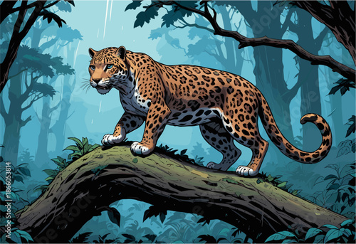a powerful stylized jaguar standing on a thick tree branch. Lush blue jungle forest background with mist and silhouettes, wild animal predator concept