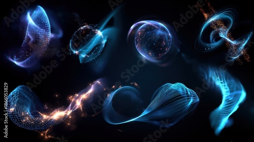 Dynamic glowing particles forming shapes in a dark environment high-resolution visuals abstract concepts