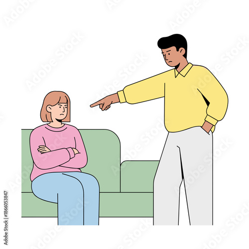 Man pointing at upset woman sitting on couch during argument  