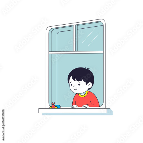 Young boy looking out of window with sad expression at home  