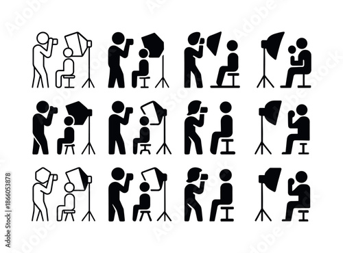 Studio Portrait Icon Set. Taking portraits in a studio. Icon set. Set Logo of Taking portraits in a studio: studio softbox. harmonious logo variations of the