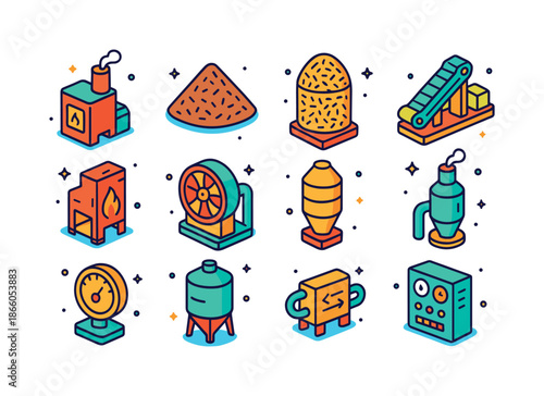 Biomass Energy Icons. Biomass Energy Plants. Colorful isometric vector icons set of Biomass Energy Plants: biomass boiler, wood chip pile, pellet storage,