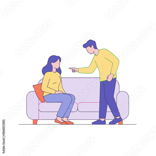 Man pointing at woman during argument while sitting on couch  