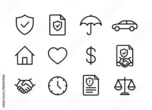 Insurance Icon Set. Insurance. Line icon set of Insurance: shield, document, umbrella, car, house, heart, dollar sign, contract, handshake, clock, claim form,