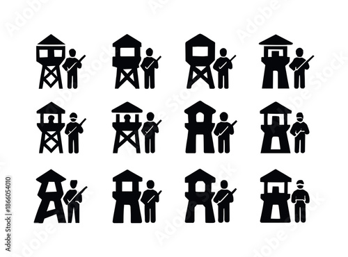 Military Checkpoint Logos. A military checkpoint with soldiers keeping watch. Icon set. Set Logo of Military checkpoint: watchtower. harmonious logo variations
