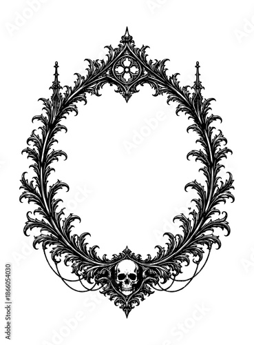 ornate gothic baroque oval frame with skull and intricate floral scrollwork in vector style suitable for vintage design, tattoo art, t-shirt print, and dark aesthetic branding