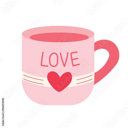 A pink cup displaying the word love and a heart is resting on a flat surface. The warm light from the afternoon sun fills the space around it, creating a warm atmosphere.