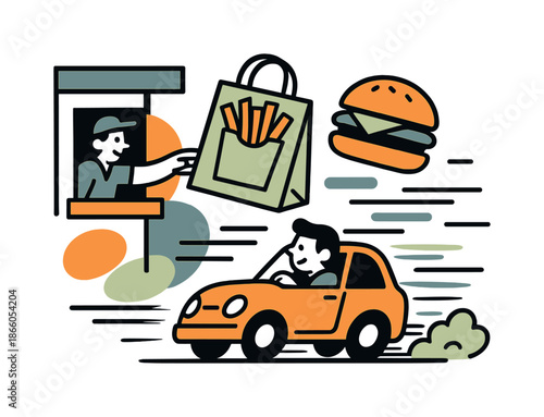 Fast Food Frenzy. Drive-Thru Dash. A tiny car zooms past an abstract fast food window, grabbing a giant floating bag of fries and burger. Behind it, motion