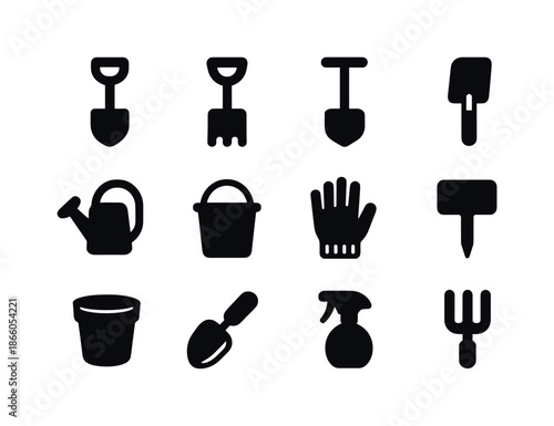 Garden Kids Icons. Garden kids set. Solid icon set of Garden kids set: child-sized shovel, rake, hoe, trowel, watering can, bucket, gloves, plant marker, small
