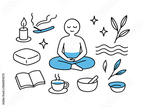 Meditation Symbols Illustrated. Meditation. Hand-drawn doodle illustration Meditation lotus pose (accented), candle, incense (accented), cushion, stars, calm