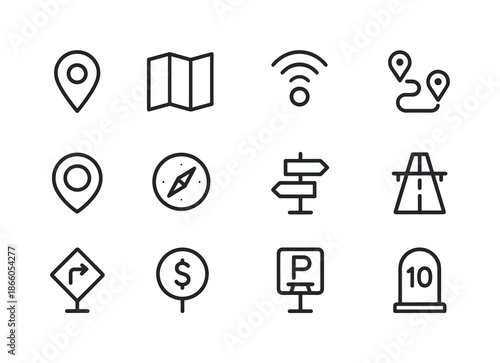 Road Trip Icons. Road trip ? Navigation & Maps. Line icon set of Road trip ? Navigation & Maps: map pin, folded map, GPS signal, route line, location marker,
