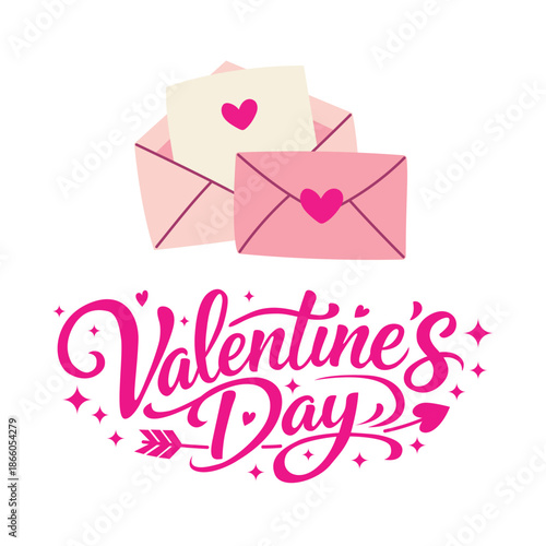 Three envelopes with hearts are placed together, featuring colors of pink and white. Underneath them is the text celebrating Valentine's Day with bright letters and designs.