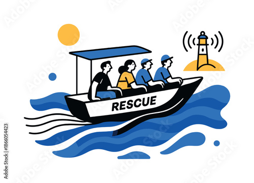 Rescue Boat Departure. Rescue Boat Departure. The boat moves away from shore with smooth trailing lines, passengers seated calmly under a minimal canopy.