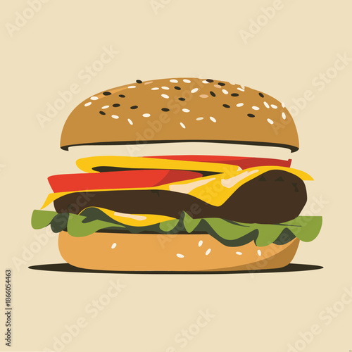 Delicious beef burger with cheese and lettuce flat vector illustration