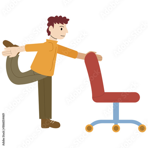 Man Doing Standing Quad Stretch with Chair Illustration