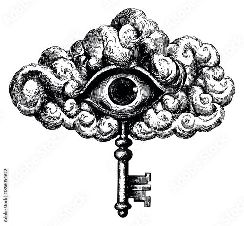Hand drawn illustration of a cloud with an eye and a key depicting mystical insight and discovery for conceptual designs