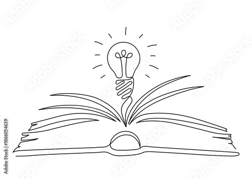 Open book with light bulb. Reading inspiration. New idea concept. Continuous line drawing.