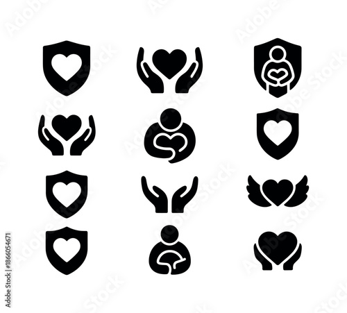 Protective Love Icons. Protective love. Solid icon set of Protective love: shield heart, arms around heart, parent shield, safe hands, protective embrace,
