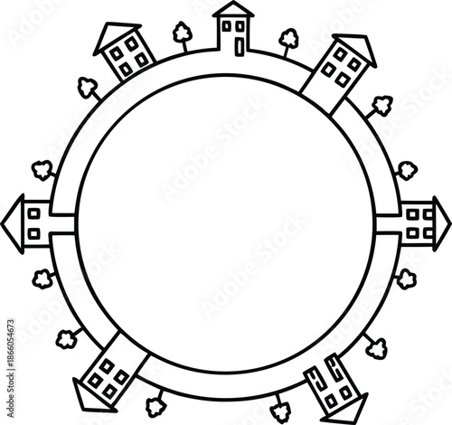 circular city line art vector illustration on transparent background