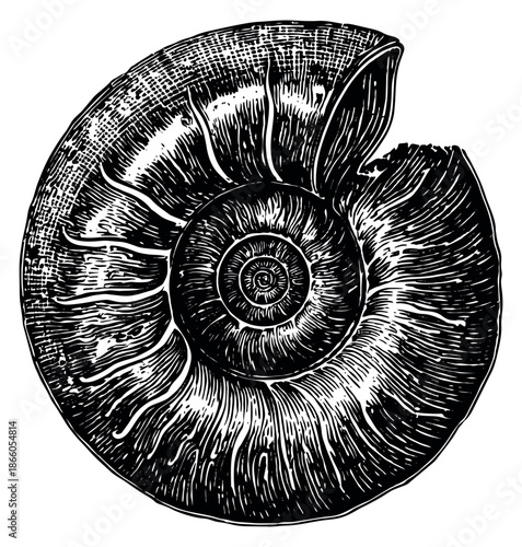 Hand drawn line art illustration of an ammonite fossil depicting its ancient spiral shell for natural history designs