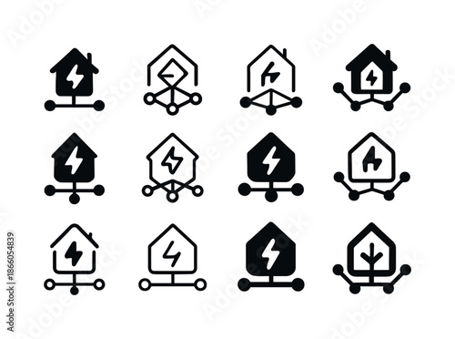 Smart Energy Grid Icons. Smart energy grids. Icon set. Set Logo of Smart energy grids: smart home connection. harmonious logo variations of the same emblematic