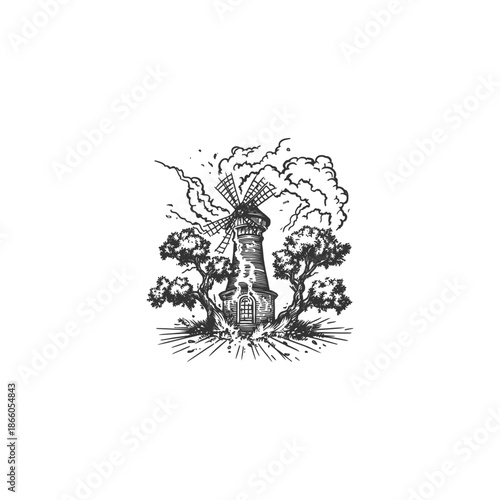 Vintage style illustration of a farm windmill being hit by a powerful tornado or wind storm.