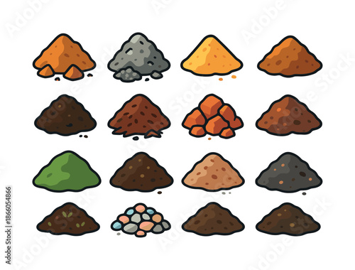 Colorful Earth Piles. Earth piles. Colorful isometric vector icons set of earth piles: construction soil pile, gravel pile, sand pile, compost pile, mulch