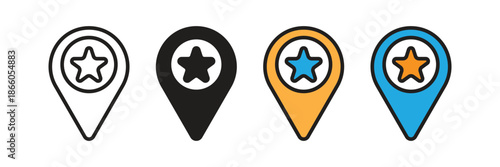 Map pointer icons with a star symbol, ideal for marking favorite locations, top-rated destinations, popular landmarks, and travel navigation apps.