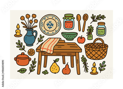 Vintage Kitchen Charm. Vintage Kitchen Decor. Colorful Hand-drawn doodle Children illustration rustic table, antique vase, dried flowers, ceramic plates, woven