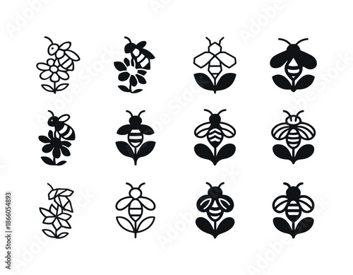 Beekeeping Logo Variations. Beekeeping and Pollination. Icon set. Set Logo of Beekeeping and Pollination: honeybee on flower. harmonious logo variations of the