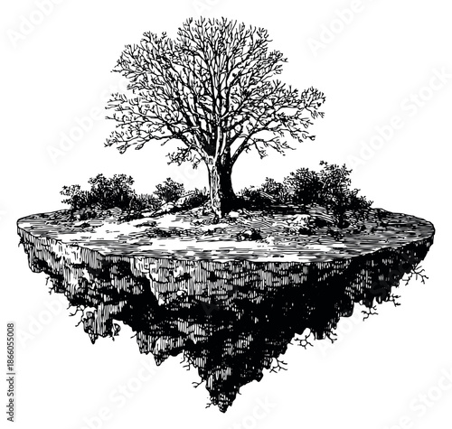Hand drawn line art illustration of a floating island with a bare tree depicting fantasy nature for conceptual design