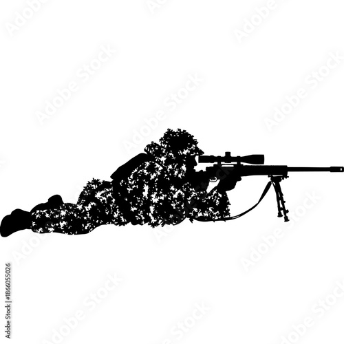 Silhouette of a camouflaged sniper lying prone with rifle.