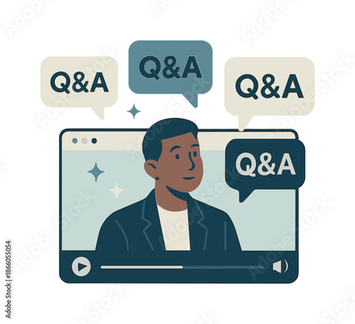 Engaging Q&A Session. Online Q&A session. Multiple speech bubbles rise from a live event window as a candidate listens attentively. Gentle spark