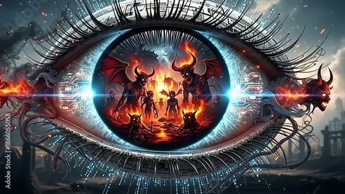 Apocalyptic Vision of Hell Reflected in a Giant Surreal Eye.
