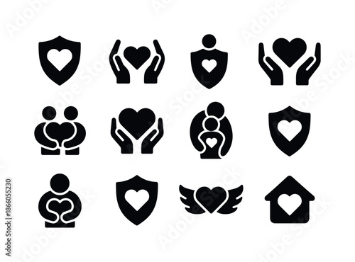 Protective Love Icons. Protective love. Solid icon set of Protective love: shield heart, arms around heart, parent shield, safe hands, protective embrace,