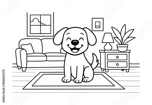 Happy Dog Coloring. Happy pet in new room children?s coloring book illustration, outlined drawing, smiling cartoon dog sitting on a rug in a freshly arranged