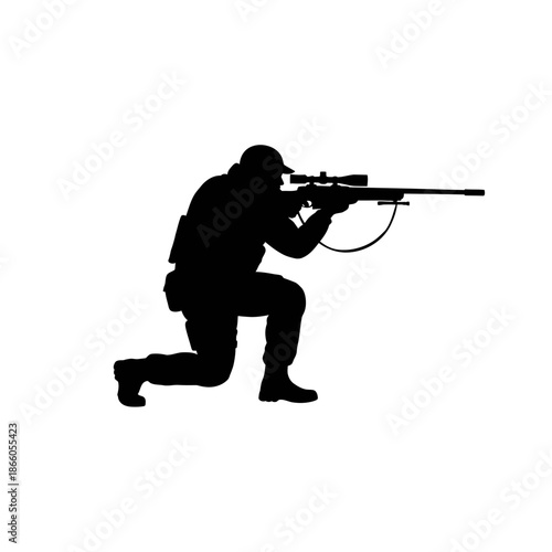 Silhouette of a kneeling sniper aiming a high-powered rifle with scope.
