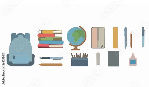 Minimal school and university supplies vector illustration with backpack stationery and learning tools