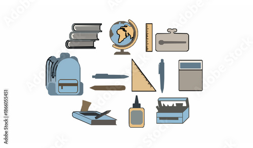 Flat school supplies vector icon set with backpack books globe and stationery for education design
