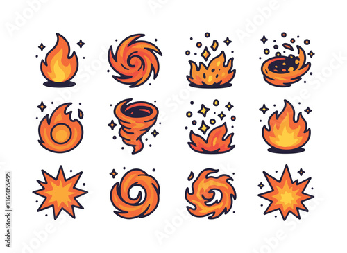 Isometric Firestorm Icons. Firestorm icons. Colorful isometric vector icons set of firestorm icons: storm flame, chaotic swirl, ember blast, heated vortex,