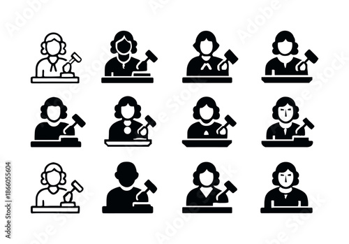 Judge Verdict Icons. Judge in Robes Delivering Verdict. Icon set. Set Logo of Judge in Robes Delivering Verdict: judge holding gavel while announcing decision.