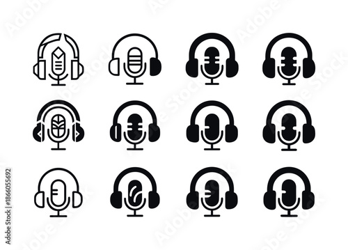 Podcast Logo Variations. The rise of podcasts and their cultural impact. Icon set. Set Logo of The rise of podcasts and their cultural impact: headphones.