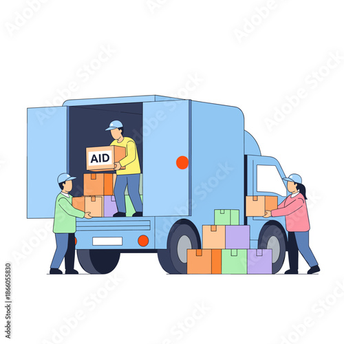 Humanitarian workers unloading aid packages from delivery truck  