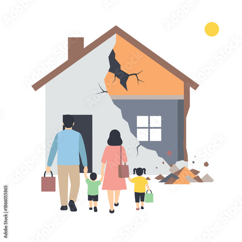 Family standing outside damaged house after disaster in daylight  