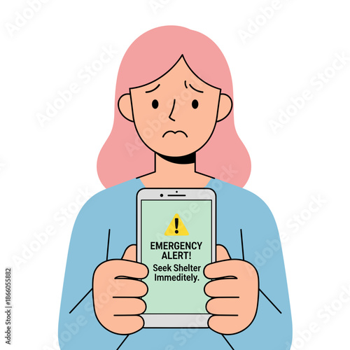 Young woman holding phone with emergency alert message visibly worried  